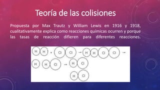 Teoría de las colisiones 
Propuesta por Max Trautz y William Lewis en 1916 y 1918, 
cualitativamente explica como reacciones químicas ocurren y porque 
las tasas de reacción difieren para diferentes reacciones. 
 