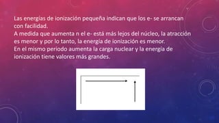 Las energías de ionización pequeña indican que los e- se arrancan 
con facilidad. 
A medida que aumenta n el e- está más lejos del núcleo, la atracción 
es menor y por lo tanto, la energía de ionización es menor. 
En el mismo periodo aumenta la carga nuclear y la energía de 
ionización tiene valores más grandes. 
 