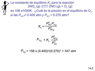 La constante de equilibrio Kp para la reacción
es 158 a1000K. ¿Cuál es la presión en el equilibrio de O2
si las PNO = 0.400 atm y PNO = 0.270 atm?2
2NO2 (g) 2NO (g) + O2 (g)
14.2
Kp =
2
PNO PO
2
PNO
2
2
PO2 = Kp
PNO
2
2
PNO
2
PO2 = 158 x (0.400)2
/(0.270)2 = 347 atm
 