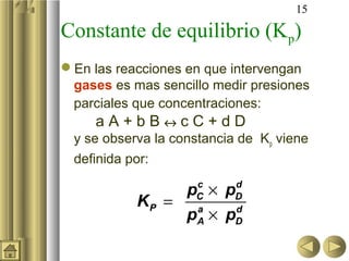 15
Constante de equilibrio (Kp)
En las reacciones en que intervengan
gases es mas sencillo medir presiones
parciales que concentraciones:
a A + b B ↔ c C + d D
y se observa la constancia de Kp viene
definida por:
c d
C D
P a d
A D
p p
K
p p
×
=
×
 
