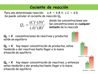 Cociente de reacción
Para una determinada reacción a A + b B  c C + d D
Se puede calcular el cociente de reacción QC
b
a
d
c
C
B
A
D
C
Q
)
(
)
(
)
(
)
(

donde las concentraciones son
las concentraciones en cualquier
instante de la reacción
QC = K concentraciones de reactivos y productos
están en equilibrio
QC > K hay mayor concentración de productos, estos
tenderán a dar reactivos hasta llegar a la nueva
situación de equilibrio
QC < K hay mayor concentración de reactivos, y entonces
estos tenderán a dar productos hasta llegar a la nueva
situación de equilibrio
 