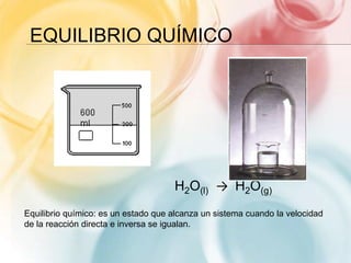 EQUILIBRIO QUÍMICO
H2O(l) → H2O(g)
Equilibrio químico: es un estado que alcanza un sistema cuando la velocidad
de la reacción directa e inversa se igualan.
 
