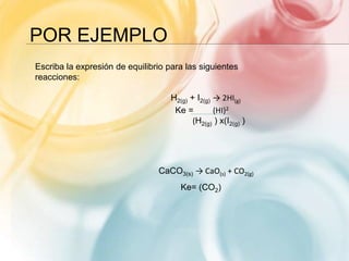POR EJEMPLO
Escriba la expresión de equilibrio para las siguientes
reacciones:
H2(g) + I2(g) → 2HI(g)
CaCO3(s) → CaO(s) + CO2(g)
Ke = (HI)2
(H2(g) ) x(I2(g) )
Ke= (CO2)
 