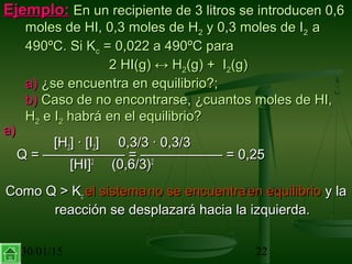 30/01/15 22
Ejemplo:Ejemplo: En un recipiente de 3 litros se introducen 0,6En un recipiente de 3 litros se introducen 0,6
moles de HI, 0,3 moles de Hmoles de HI, 0,3 moles de H22 y 0,3 moles de Iy 0,3 moles de I22 aa
490ºC. Si K490ºC. Si Kcc = 0,022 a 490ºC para= 0,022 a 490ºC para
2 HI(g)2 HI(g) ↔↔ HH22(g) + I(g) + I22(g)(g)
a)a) ¿se encuentra en equilibrio?;¿se encuentra en equilibrio?;
b)b) Caso de no encontrarse, ¿cuantos moles de HI,Caso de no encontrarse, ¿cuantos moles de HI,
HH22 e Ie I22 habrá en el equilibrio?habrá en el equilibrio?
a)a)
[H[H22] · [I] · [I22] 0,3/3 · 0,3/3] 0,3/3 · 0,3/3
Q = —————— = —————— = 0,25Q = —————— = —————— = 0,25
[HI][HI]22
(0,6/3)(0,6/3)22
Como Q > KComo Q > Kcc el sistemael sistema no se encuentrano se encuentra en equilibrioen equilibrio y lay la
reacción se desplazará hacia la izquierda.reacción se desplazará hacia la izquierda.
 