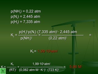 30/01/15 33
p(NHp(NH33) = 0,22 atm) = 0,22 atm
p(Np(N22) = 2,445 atm) = 2,445 atm
p(Hp(H22) = 7,335 atm) = 7,335 atm
p(Hp(H22))33
p(Np(N22) (7,335 atm)) (7,335 atm)33
· 2,445 atm· 2,445 atm
KKpp = ————— = ———————————= ————— = ——————————— ==
p(NHp(NH33))22
(0,22 atm)(0,22 atm)22
KKPP == 1,99·101,99·1044
atmatm22
KKPP 1,99·101,99·1044
atmatm22
KKCC= ——— = ————————————— == ——— = ————————————— = 5,66 M5,66 M22
(RT)(RT)22
(0,082 atm·M(0,082 atm·M–1–1
·K·K–1–1
))22
·(723 K)·(723 K)22
 