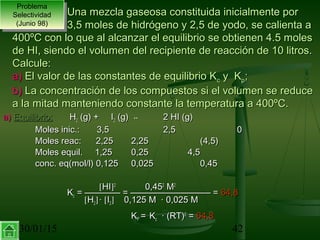 30/01/15 42
Una mezcla gaseosa constituida inicialmente porUna mezcla gaseosa constituida inicialmente por
3,5 moles de hidrógeno y 2,5 de yodo, se calienta a3,5 moles de hidrógeno y 2,5 de yodo, se calienta a
400ºC con lo que al alcanzar el equilibrio se obtienen 4.5 moles400ºC con lo que al alcanzar el equilibrio se obtienen 4.5 moles
de HI, siendo el volumen del recipiente de reacción de 10 litros.de HI, siendo el volumen del recipiente de reacción de 10 litros.
Calcule:Calcule:
a)a) El valor de las constantes de equilibrio KEl valor de las constantes de equilibrio Kcc y Ky Kpp;;
b)b) La concentración de los compuestos si el volumen se reduceLa concentración de los compuestos si el volumen se reduce
a la mitad manteniendo constante la temperatura a 400ºC.a la mitad manteniendo constante la temperatura a 400ºC.
a)a) Equilibrio:Equilibrio: HH22 (g) + I(g) + I22 (g)(g) ↔↔ 2 HI (g)2 HI (g)
Moles inic.: 3,5Moles inic.: 3,5 2,52,5 00
Moles reac: 2,25Moles reac: 2,25 2,252,25 (4,5)(4,5)
Moles equil. 1,25Moles equil. 1,25 0,25 4,50,25 4,5
conc. eq(mol/l) 0,125conc. eq(mol/l) 0,125 0,0250,025 0,450,45
[[HIHI]]22
0,450,4522
MM22
KKcc = ———— = ————————— == ———— = ————————— = 64,864,8
[[HH22]] ·· [[II22]] 0,125 M · 0,025 M0,125 M · 0,025 M
KKPP == KKcc · (RT)· (RT)00
== 64,864,8
Problema
Selectividad
(Junio 98)
Problema
Selectividad
(Junio 98)
 