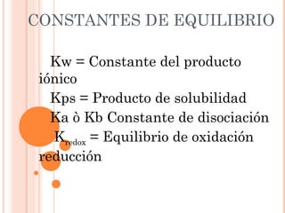 20
CONSTANTES DE EQUILIBRIO
Kw = Constante del producto
iónico
Kps = Producto de solubilidad
Ka ò Kb Constante de disociación
Kredox = Equilibrio de oxidación
reducción
 