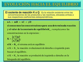 El cociente de reacción K o Q: Es la relación existente entre las
concentraciones de los productos y las reactivos, elevadas ambas a
sus respectivos coeficientes estequiométricos.
EVOLUCIÓN HACIA EL EQUILIBRIO
   
   
.equilibriodelbúsqueda
laenderechaaizquierdadeproducirásereacciónlaKKsi
.equilibrioelbuscar
paraizquierdaaderechaderáevolucionareacciónlaKKsi
equilibrioenestásistemael
:exprecionlaenionesconcentrac
las,
c
c


c
mn
yx
c
KKsi
BA
DC
K
Kequilibriodeconstanteladevalorely
reacciónadeterminadunaparaionesconcentraclasconocemossi
yDxCmBnA



osreemplazam
10
 