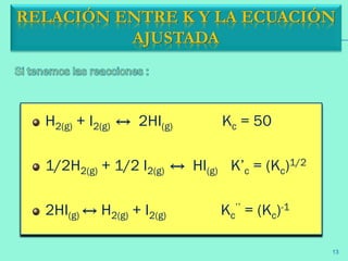 H2(g) + I2(g) ↔ 2HI(g) Kc = 50
1/2H2(g) + 1/2 I2(g) ↔ HI(g) K’c = (Kc)1/2
2HI(g) ↔ H2(g) + I2(g) Kc
’’ = (Kc)-1
RELACIÓN ENTRE K Y LA ECUACIÓN
AJUSTADA
13
 