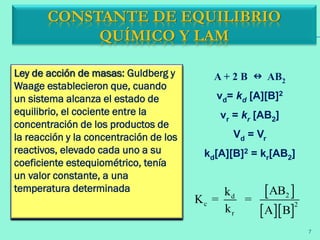 Ley de acción de masas: Guldberg y
Waage establecieron que, cuando
un sistema alcanza el estado de
equilibrio, el cociente entre la
concentración de los productos de
la reacción y la concentración de los
reactivos, elevado cada uno a su
coeficiente estequiométrico, tenía
un valor constante, a una
temperatura determinada
CONSTANTE DE EQUILIBRIO
QUÍMICO Y LAM
A + 2 B n AB2
vd= kd [A][B]2
vr = kr [AB2]
Vd = Vr
kd[A][B]2 = kr[AB2]
 
  
2d
c 2
r
ABk
K = =
k A B
7
 