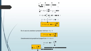 1
�
𝑃𝑃0 0 0 ℎ
𝑃𝑃 � � �
�𝑃𝑃= 𝜔𝜔2���+ 𝜔𝜔2���−
���
1
�
𝑃𝑃 − 𝑃𝑃0 = +
𝜔𝜔2�2
𝜔𝜔2�2
2 2
− �(�−
ℎ)
0
𝑃𝑃 − 𝑃𝑃 = �
𝜔𝜔2
2
2 2
� + � − �� �
− ℎ
0
𝛾𝛾
2
�
2 2
𝑃𝑃 − 𝑃𝑃 = 𝜔𝜔 𝜔𝜔 − 𝛾𝛾 �−
ℎ
𝜔𝜔2�
2
𝑃𝑃 = 𝑃𝑃0+ 𝛾𝛾 ℎ − � + 𝛾𝛾
2�
En el caso de considerar presiones relativas→ 𝑃𝑃0= 0
𝜔𝜔2�
2
𝑃𝑃 = 𝛾𝛾 ℎ − � + 𝛾𝛾
2�
Considerando de la presión en la superficie→ 𝑃𝑃 = 𝑃𝑃0= 0
0 = 𝛾𝛾 ℎ − � +
𝛾𝛾
𝜔𝜔2�
2
2
�
�= ℎ
+
𝜔𝜔2�
2
2
�
→ �
�
�
�
�
�
�
����
��
�
�
�
�
�
�
�
�
�
���
�
�
�
�
�
�
�
ó
�
 