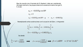 Que de acuerdo con el teorema de D’ Alambert, debe ser considerada
con signo contrario; las proyecciones de la aceleración sobre los ejes X,
Y, Z son:
Reemplazando estas aceleraciones con la ecuación de Euler, o integrando:
De donde:
 