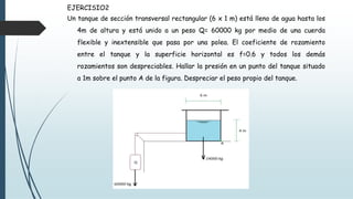 EJERCISIO2
Un tanque de sección transversal rectangular (6 x 1 m) está lleno de agua hasta los
4m de altura y está unido a un peso Q= 60000 kg por medio de una cuerda
flexible y inextensible que pasa por una polea. El coeficiente de rozamiento
entre el tanque y la superficie horizontal es f=0.6 y todos los demás
rozamientos son despreciables. Hallar la presión en un punto del tanque situado
a 1m sobre el punto A de la figura. Despreciar el peso propio del tanque.
 