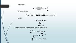 Despejando:
�
=
45600 ∗ 9.8
84000
= 5.32 �
�2
Por Euler se tiene:
1
�
��= ����+ ����+ ��
�
�… … … … … … … …
… … . 3
Donde:
�� = 5.32 � �2
�� = 0
��= −�
Reemplazando en (3) e integrando para los puntos (B-0)
1
�
0
��= 5.32
0 0
𝑋𝑋1
�1
��− �
�
�
0
0 = 5.32 ∗ �1− �∗
�1
�
1
9.8
�1
= tan 𝛼𝛼 =
5.32
= 0.545
 