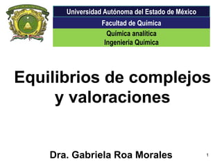 Equilibrios de complejos
y valoraciones
Dra. Gabriela Roa Morales
Química analítica
Ingenieria Química
Facultad de Química
Universidad Autónoma del Estado de México
1
 