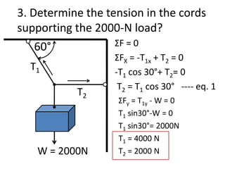 3. Determine the tension in the cords supporting the 2000-N load?ΣF = 0ΣFX = -T1x + T2 = 0-T1cos 30°+ T2= 0 T2 = T1cos 30°   ---- eq. 160°T1T2ΣFy = T1y- W = 0T1 sin30°-W = 0T1 sin30°= 2000NT1 = 4000 NT2 = 2000 N W = 2000N