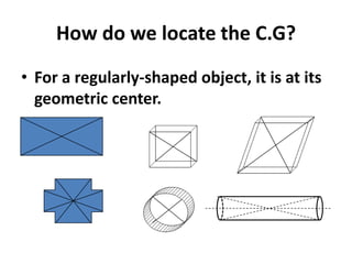 How do we locate the C.G?For a regularly-shaped object, it is at its geometric center.