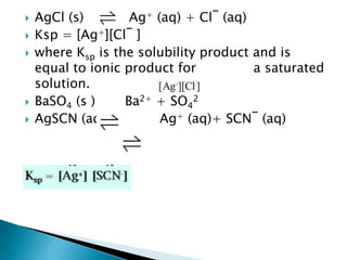  AgCl (s) Ag+ (aq) + Cl‾ (aq)
 Ksp = [Ag+][Cl‾ ]
 where Ksp is the solubility product and is
equal to ionic product for a saturated
solution.
 BaSO4 (s ) Ba2+ + SO4
2‾
 AgSCN (aq) Ag+ (aq)+ SCN‾ (aq)
 