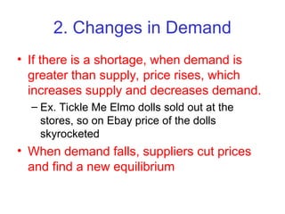 2. Changes in Demand
• If there is a shortage, when demand is
greater than supply, price rises, which
increases supply and decreases demand.
– Ex. Tickle Me Elmo dolls sold out at the
stores, so on Ebay price of the dolls
skyrocketed
• When demand falls, suppliers cut prices
and find a new equilibrium
 