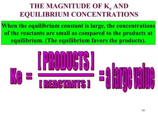 THE MAGNITUDE OF Ke AND
EQUILIBRIUM CONCENTRATIONS
When the equilibrium constant is large, the concentrations
of the reactants are small as compared to the products at
equilibrium. (The equilibrium favors the products).
14
 