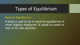 Types of Equilibrium
Neutral Equilibrium
A body is said to be in neutral equilibrium if
when slightly displaced, it tends to come to
rest in its new position.
 