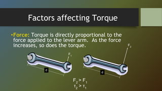 Factors affecting Torque
•Force: Torque is directly proportional to the
force applied to the lever arm. As the force
increases, so does the torque.
F1
d
F2
d
F2
> F1
τ2
> τ1
 