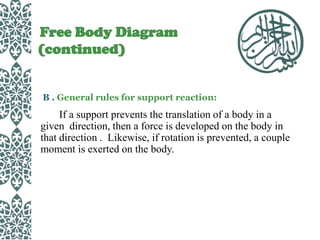 Free Body Diagram
(continued)

B . General rules for support reaction:

If a support prevents the translation of a body in a
given direction, then a force is developed on the body in
that direction . Likewise, if rotation is prevented, a couple
moment is exerted on the body.

 