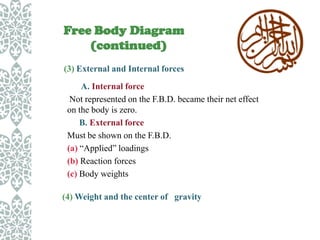 Free Body Diagram
(continued)
(3) External and Internal forces

A. Internal force
Not represented on the F.B.D. became their net effect
on the body is zero.
B. External force
Must be shown on the F.B.D.
(a) “Applied” loadings
(b) Reaction forces
(c) Body weights
(4) Weight and the center of gravity

 