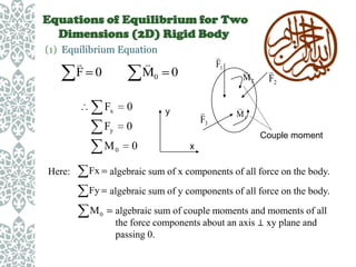 Equations of Equilibrium for Two
Dimensions (2D) Rigid Body
(1) Equilibrium Equation


F 0


M0
Fx

0

Fy

0

0

M0
Here:


F1

0


F3

y


M2


F2


M1
Couple moment

x

Fx

algebraic sum of x components of all force on the body.

Fy

algebraic sum of y components of all force on the body.

M0

algebraic sum of couple moments and moments of all
the force components about an axis ⊥ xy plane and
passing 0.

 