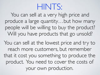 HINTS: 
You can sell at a very high price and 
produce a large quantity…but how many 
people will be willing to buy the product? 
Will you have products that go unsold? 
You can sell at the lowest price and try to 
reach more customers, but remember 
that it cost you something to produce the 
product. You need to cover the costs of 
your own production. 
 
