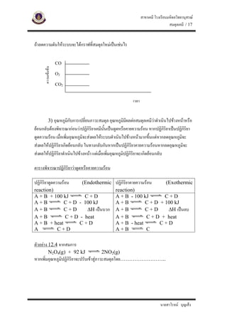 สาขาเคมี โรงเรียนมหิดลวิทยานุสรณ
                                                                                    สมดุลเคมี / 17


ถาลดความดันใหระบบจะไดกราฟที่สมดุลใหมเปนเชนไร


                   CO
     ความเขมขน



                   O2

                   CO2


                                                           เวลา


            3) อุณหภูมิกบการเปลี่ยนภาวะสมดุล อุณหภูมิมีผลตอสมดุลเคมีวาดําเนินไปขางหนาหรือ
                        ั
ยอนกลับตองพิจารณากอนวาปฏิกิรยาเคมีนั้นเปนดูดหรือคายความรอน หากปฏิกิรยาเปนปฏิกรยา
                                   ิ                                          ิ     ิิ
ดูดความรอน เมื่อเพิ่มอุณหภูมิจะสงผลใหระบบดําเนินไปขางหนามากขึนแตหากลดอุณหภูมิจะ
                                                                      ้
สงผลใหปฏิกิริยาเกิดยอนกลับ ในทางกลับกันหากเปนปฏิกิริยาคายความรอนหากลดอุณหภูมิจะ
สงผลใหปฏิกิริยาดําเนินไปขางหนา แตเมือเพิ่มอุณหภูมปฏิกิริยาจะเกิดยอนกลับ
                                         ่            ิ

ตารางพิจารณาปฏิกิริยาวาดูดหรือคายความรอน

ปฏิกิริยาดูดความรอน(Endothermic ปฏิกิริยาคายความรอน    (Exothermic
reaction)                        reaction)
A + B + 100 kJ       C+D         A + B - 100 kJ          C+D
A+B          C + D - 100 kJ      A+B             C + D + 100 kJ
A+B          C+D      ΔH เปนบวก A + B           C+D      ΔH เปนลบ
A+B          C + D - heat        A+B              C + D + heat
A + B + heat       C+D           A + B - heat          C+D
A         C+D                    A+B              C

ตัวอยาง 12.4 จากสมการ
            N2O4(g) + 92 kJ               2NO2(g)
หากเพิ่มอุณหภูมิปฏิกิริยาจะปรับเขาสูภาวะสมดุลโดย……………………..




                                                                              นายสาโรจน บุญเส็ง
 