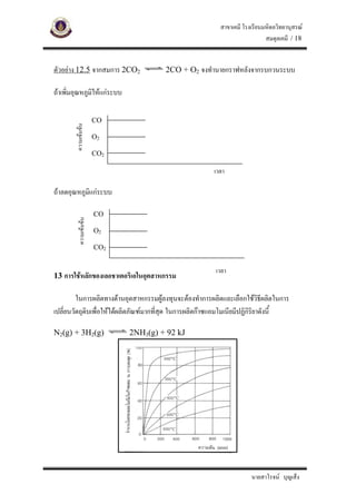 สาขาเคมี โรงเรียนมหิดลวิทยานุสรณ
                                                                            สมดุลเคมี / 18


ตัวอยาง 12.5 จากสมการ 2CO2            2CO + O2 จงทํานายกราฟหลังจากรบกวนระบบ

ถาเพิ่มอุณหภูมิใหแกระบบ

                       CO
       ความเขมขน




                       O2

                       CO2

                                                        เวลา

ถาลดอุณหภูมแกระบบ
            ิ

                       CO
         ความเขมขน




                       O2

                       CO2


                                                         เวลา
13 การใชหลักของเลอชาเตอริเอในอุตสาหกรรม

         ในการผลิตทางดานอุตสาหกรรมผูลงทุนจะตองทําการผลิตและเลือกใชวิธีผลิตในการ
เปลี่ยนวัตถุดิบเพื่อใหไดผลิตภัณฑมากที่สด ในการผลิตกาซแอมโมเนียมีปฏิกิรยาดังนี้
                                          ุ                               ิ

N2(g) + 3H2(g)               2NH3(g) + 92 kJ




                                                                      นายสาโรจน บุญเส็ง
 