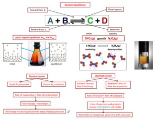 Dynamic Equilibrium 
Closed system 
Reversible 
Forward Rate, Kf 
Reverse Rate, Kr 
Liquid -Vapour equilibrium Br2(l) ↔ Br2(g) 
initial 
equilibrium 
NO change in conc liquid/intensity vapour/vapour pressure 
Rate of evaporation = Rate of condensation 
Liquid Br2 evaporate 
Macroscopic – no changes 
2NO2(g) N2O4(g) 
Physical system 
Chemical system 
Vapour Br2 condense 
Forward rate rxn Rate Combining 
Backward rate rxn Rate decomposition 
Reversible rxn happening, same time with same rate 
Rate of forward = Rate of backward 
Conc of reactants and products remain UNCHANGED not EQUAL 
combining 
decomposition 
brown 
colourless  