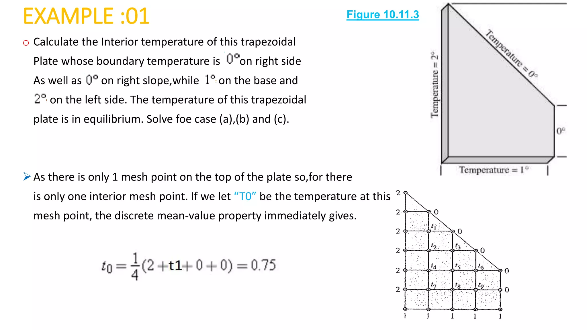 EXAMPLE :01
o Calculate the Interior temperature of this trapezoidal
Plate whose boundary temperature is on right side
As well as on right slope,while on the base and
on the left side. The temperature of this trapezoidal
plate is in equilibrium. Solve foe case (a),(b) and (c).
As there is only 1 mesh point on the top of the plate so,for there
is only one interior mesh point. If we let “T0” be the temperature at this
mesh point, the discrete mean-value property immediately gives.
Figure 10.11.3
 