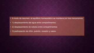• A modo de resumen, el equilibrio homeostático se mantiene por tres mecanismos:
• 1) desplazamiento del agua entre compartimentos;
• 2) desplazamiento de solutos entre compartimentos;
• 3) participación de riñón, pulmón, corazón y vasos.
 