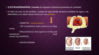 • 2) EXTRAORDINARIOS: Cuando los egresos ordinarios aumentan en cantidad,
• el riñón es una vía de perdida y puede ser que pierda excesiva cantidad de agua y de
electrolitos y en estos casos ocurre por una poliuria.
- DIABETES - diuresis osmótica -
- IRC (insuficiencia renal crónica en su etapa
inicial),
- IRA(insuficiencia renal aguda en la fase post
insuficiencia renal
cuando hay DIURESIS),
- HIPOPOTASEMIA
 