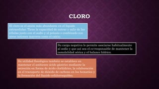 CLORO
El cloro es el anión más abundante en el líquido
extracelular. Tiene la capacidad de entrar y salir de las
células junto con el sodio y el potasio o combinado con
otros cationes mayores como el calcio.
Su carga negativa le permite asociarse habitualmente
al sodio y que así sea el co-responsable de mantener la
osmolalidad sérica y el balance hídrico.
Su utilidad fisiológica también se establece en
mantener el ambiente ácido gástrico mediante la
secreción en forma de ácido clorhídrico, la colaboración
en el transporte de dióxido de carbono en los hematíes y
la formación del líquido cefalorraquídeo.
 