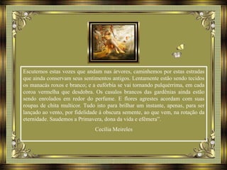 Escutemos estas vozes que andam nas árvores, caminhemos por estas estradas
que ainda conservam seus sentimentos antigos. Lentamente estão sendo tecidos
os manacás roxos e branco; e a eufórbia se vai tornando pulquérrima, em cada
coroa vermelha que desdobra. Os casulos brancos das gardênias ainda estão
sendo enrolados em redor do perfume. E flores agrestes acordam com suas
roupas de chita multicor. Tudo isto para brilhar um instante, apenas, para ser
lançado ao vento, por fidelidade à obscura semente, ao que vem, na rotação da
eternidade. Saudemos a Primavera, dona da vida e efêmera”.
Cecília Meireles
 