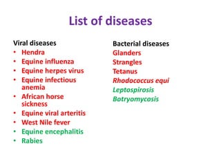 List of diseases
Viral diseases
• Hendra
• Equine influenza
• Equine herpes virus
• Equine infectious
anemia
• African horse
sickness
• Equine viral arteritis
• West Nile fever
• Equine encephalitis
• Rabies
Bacterial diseases
Glanders
Strangles
Tetanus
Rhodococcus equi
Leptospirosis
Botryomycosis
 