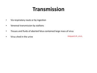Transmission
• Via respiratory route or by ingestion
• Venereal transmission by stallions
• Tissues and fluids of aborted fetus contained large mass of virus
• Virus shed in the urine Holyoak G.R., et al.,
 