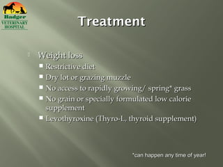 Treatment

   Weight loss
     Restrictive diet
     Dry lot or grazing muzzle
     No access to rapidly growing/ spring* grass
     No grain or specially formulated low calorie
      supplement
     Levothyroxine (Thyro-L, thyroid supplement)




                               *can happen any time of year!
 
