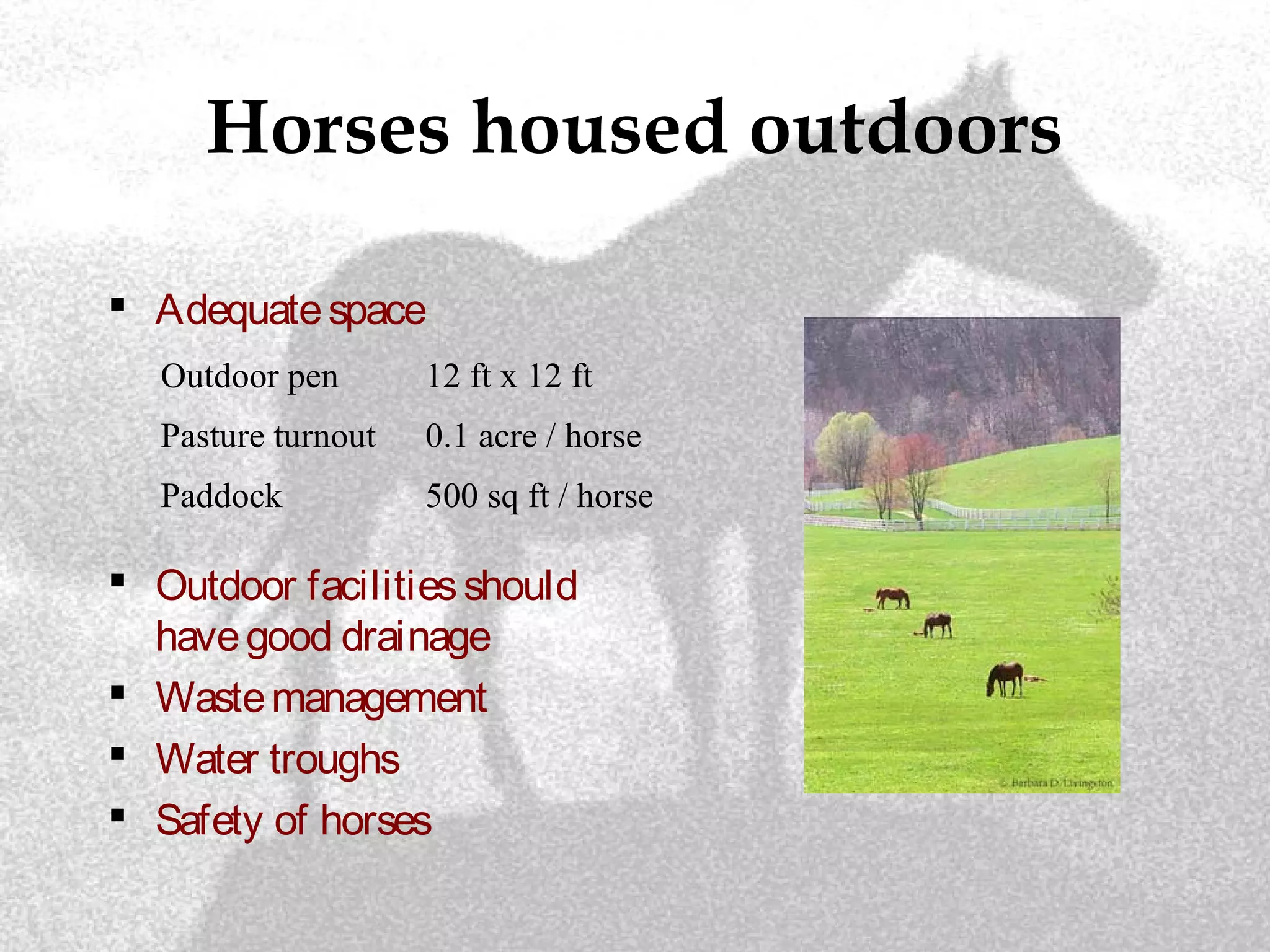 Horses housed outdoors
 Adequatespace
 Outdoor facilitiesshould
havegood drainage
 Wastemanagement
 Water troughs
 Safety of horses
Outdoor pen 12 ft x 12 ft
Pasture turnout 0.1 acre / horse
Paddock 500 sq ft / horse
 