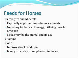 Feeds for Horses
Electrolytes and Minerals
- Especially important in endurance animals
- Necessary for bursts of energy, utilizing muscle
glycogen
- Needs vary by the animal and its use
Vitamins
Biotin
- Improves hoof condition
- Is very expensive to supplement in horses
 