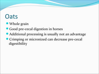 Oats
Whole grain
Good pre-cecal digestion in horses
Additional processing is usually not an advantage
Crimping or micronized can decrease pre-cecal
digestibility
 