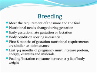 Breeding
Meet the requirement of the mare and the foal
Nutritional needs change during gestation
Early gestation, late gestation or lactation
Body condition scoring is essential
First 8 months of gestation nutritional requirements
are similar to maintenance
Last 3-4 months of pregnancy must increase protein,
energy, vitamins and minerals
Foaling/lactation consume between 2-3 % of body
weight
 