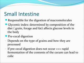 Small Intestine
Responsible for the digestion of macromolecules
Glycemic index: determined by composition of the
diet ( grain, forage and fat) affects glucose levels in
the body
Pre-cecal digestion
- Depends on the type of grains and how they are
processed
- If pre-cecal digestion does not occur >>> rapid
fermentation of the contents of the cecum can lead to
colic
 