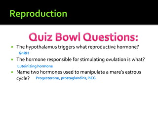 ReproductionQuiz Bowl Questions:The hypothalamus triggers what reproductive hormone?The hormone responsible for stimulating ovulation is what?Name two hormones used to manipulate a mare’s estrous cycle?GnRHLuteinizing hormoneProgesterone, prostaglandins, hCG