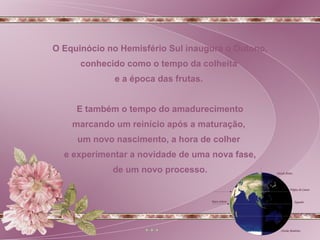 O Equinócio no Hemisfério Sul inaugura o Outono, conhecido como o tempo da colheita  e a época das frutas.  E também o tempo do amadurecimento marcando um reinício após a maturação,  um novo nascimento, a hora de colher  e experimentar a novidade de uma nova fase, de um novo processo.  