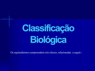 Classificação 
Biológica 
Os equinodermos compreendemseis classes, relacionadas aseguir :  