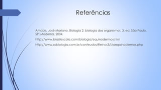 Referências
Amabis, José Mariano. Biologia 2: biologia dos organismos. 3. ed. São Paulo,
SP: Moderna, 2004.
http://www.brasilescola.com/biologia/equinodermos.htm
http://www.sobiologia.com.br/conteudos/Reinos3/bioequinodermos.php
 